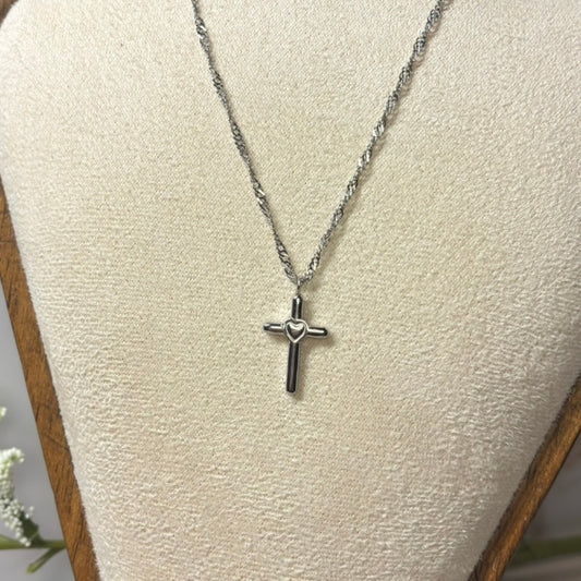 Sacred Heart Cross Necklace – Silver Faith Cross Pendant