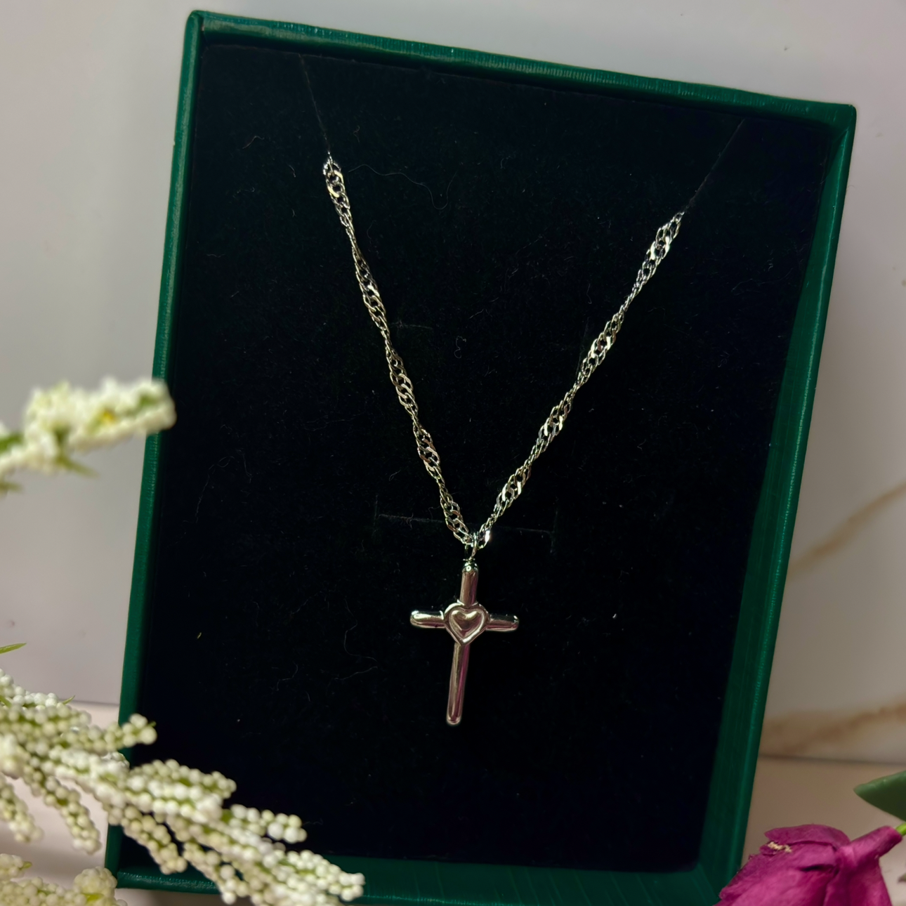 Sacred Heart Cross Necklace – Silver Faith Cross Pendant