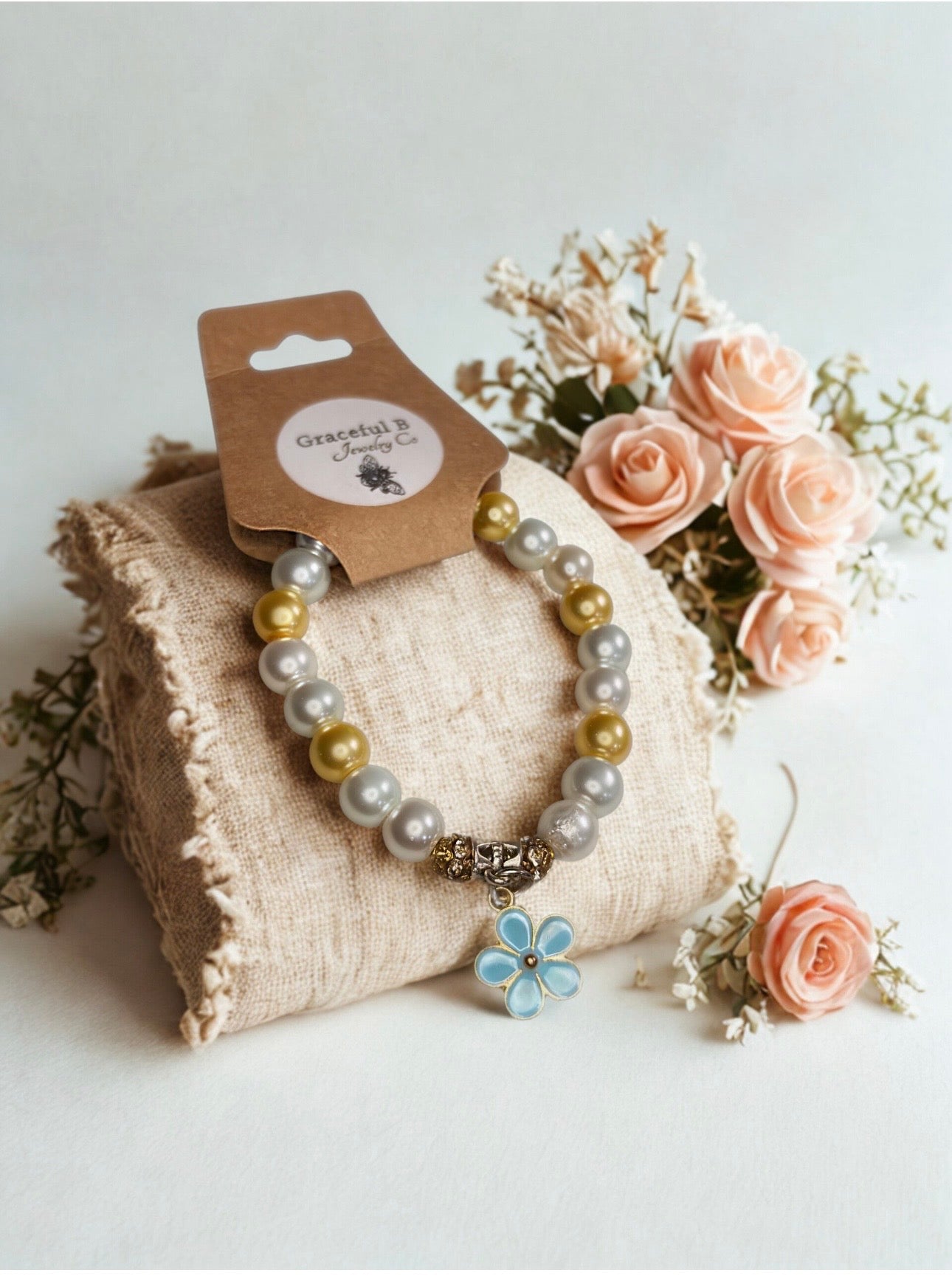 Blue Daisy Beaded Charm Bracelet