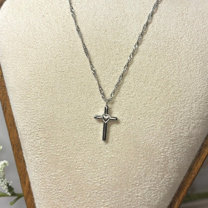 Sacred Heart Cross Necklace – Silver Faith Cross Pendant