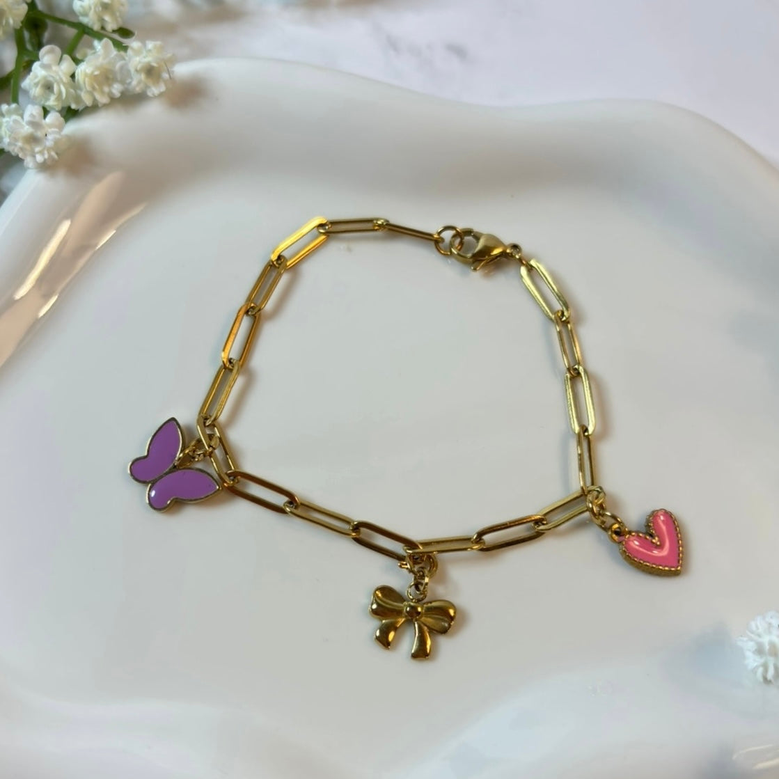 Golden Bow & Blush Charm Bracelet - 18K Gold PVD