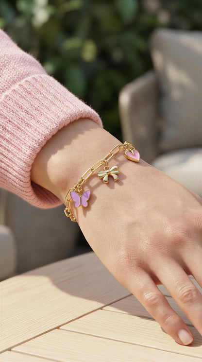 Golden Bow & Blush Charm Bracelet - 18K Gold PVD