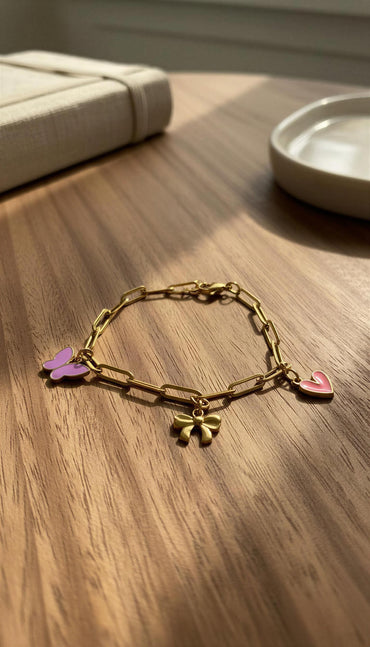 Golden Bow & Blush Charm Bracelet - 18K Gold PVD