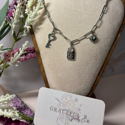 The Everlocked Charm Necklace – Vintage Silver Heart Key & Lock Pendant Chain