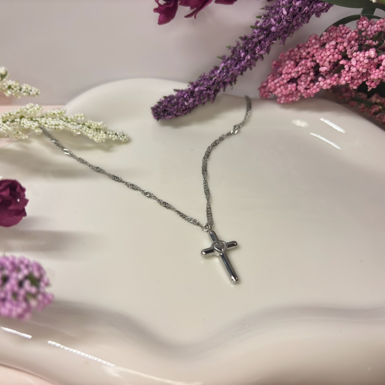 Sacred Heart Cross Necklace – Silver Faith Cross Pendant