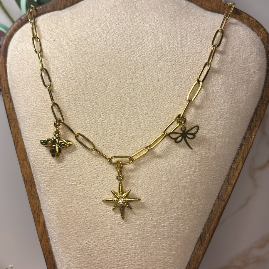 Golden Garden Charm Necklace – 18K PVD Bee, Dragonfly & Starburst Pendant