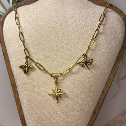 Golden Garden Charm Necklace – 18K PVD Bee, Dragonfly & Starburst Pendant