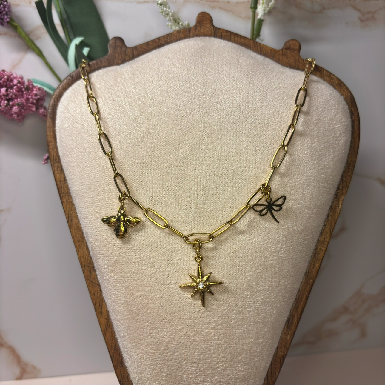 Golden Garden Charm Necklace – 18K PVD Bee, Dragonfly & Starburst Pendant