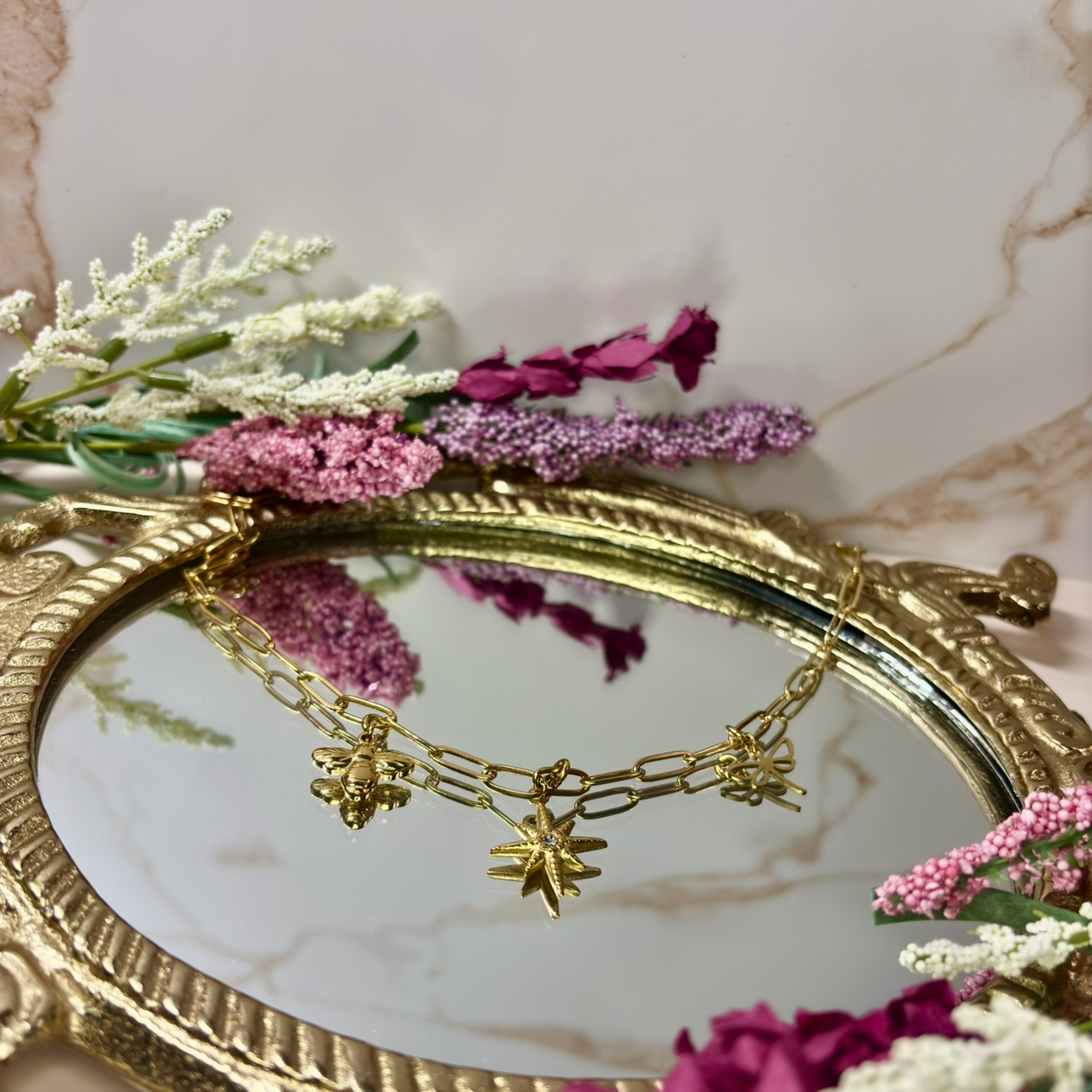 Golden Garden Charm Necklace – 18K PVD Bee, Dragonfly & Starburst Pendant