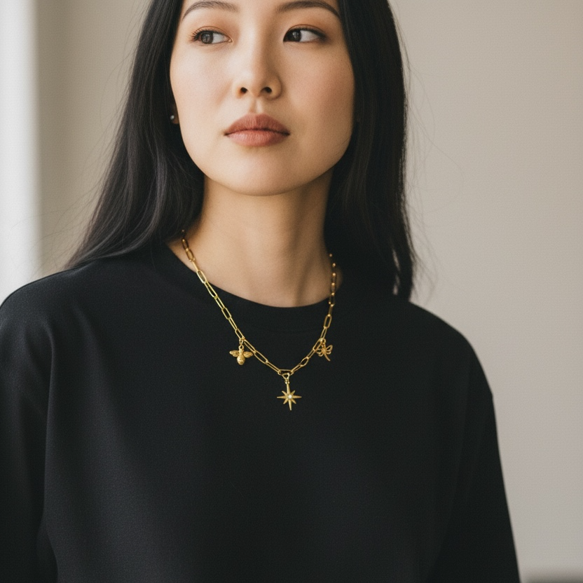 Golden Garden Charm Necklace – 18K PVD Bee, Dragonfly & Starburst Pendant