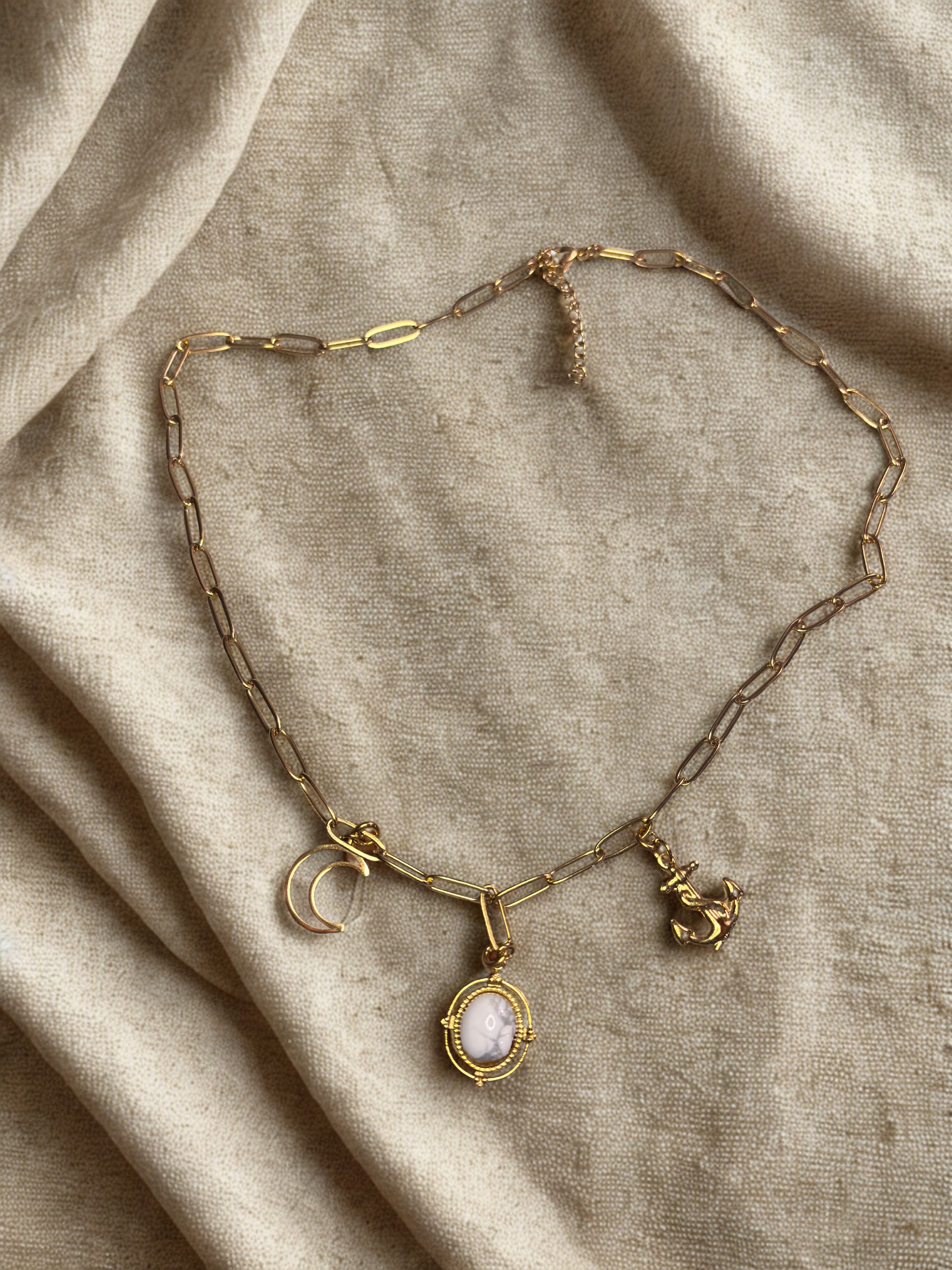 Gold paperclip chain necklace with charms