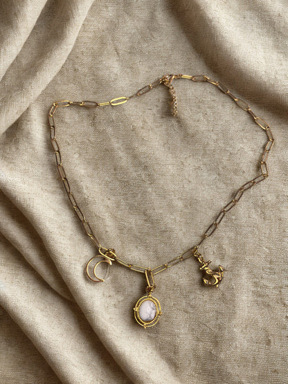 Gold paperclip chain necklace with charms